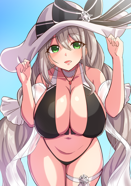 Anime picture 1061x1500 with azur lane aquila (azur lane) aquila (sardegnian shallows and sunshine) (azur lane) garukichi single long hair tall image looking at viewer blush fringe breasts open mouth light erotic simple background smile hair between eyes standing green eyes payot braid (braids)