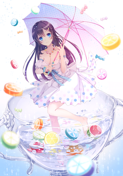 Anime picture 800x1144 with original goma (11zihisin) single long hair tall image looking at viewer blue eyes black hair bare shoulders cleavage full body barefoot bare legs girl dress detached sleeves water food white dress sweets