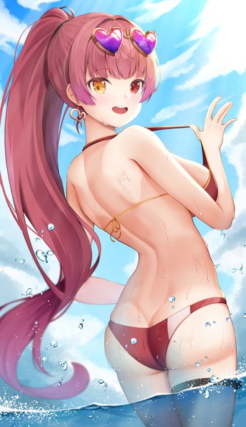 Anime picture 1104x1920 with virtual youtuber hololive houshou marine houshou marine (summer) lancheu single long hair tall image blush fringe breasts open mouth light erotic red eyes standing yellow eyes payot sky cloud (clouds) outdoors