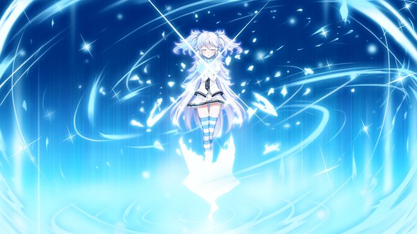 Anime picture 1280x720 with seisai no resonance kouyama nagi tel-o single blush fringe hair between eyes wide image game cg silver hair eyes closed very long hair sparkle two side up magic crossed arms girl thighhighs striped thighhighs