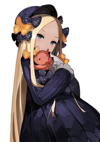 Anime picture 1300x1839 with fate (series) fate/grand order abigail williams (fate) alchemaniac single long hair tall image looking at viewer blush blue eyes simple background blonde hair white background upper body girl dress bow hair bow hat black dress