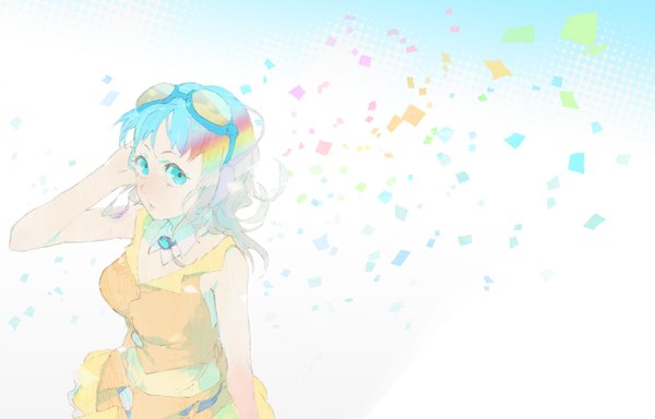 Anime picture 1300x832 with vocaloid gumi kazune (baumkuchen) single long hair looking at viewer simple background blonde hair standing white background bare shoulders multicolored hair aqua eyes two-tone hair sleeveless blue background girl glasses sunglasses goggles