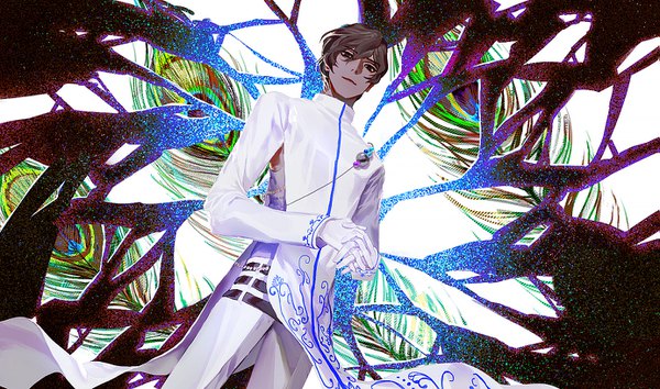 Anime picture 1383x818 with fate (series) fate/grand order arjuna (fate) daeraeband single looking at viewer fringe short hair hair between eyes brown hair wide image brown eyes from below dark skin interlocked fingers boy gloves white gloves feather (feathers)