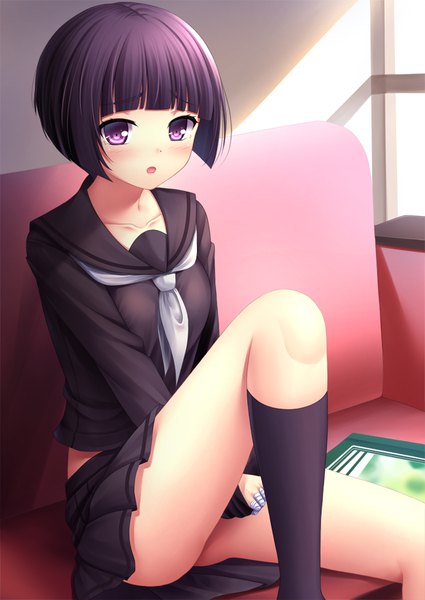 Anime picture 708x1000 with eromanga sensei a-1 pictures senju muramasa toshi (1-147) single tall image blush short hair open mouth light erotic sitting purple eyes looking away purple hair pleated skirt sunlight bob cut girl skirt uniform