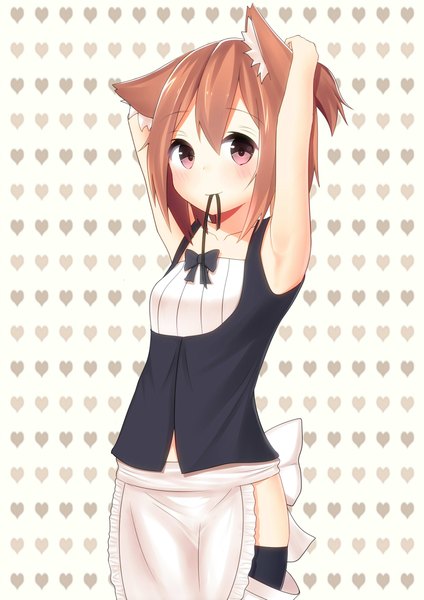 Anime picture 1600x2263 with original morinaoekaki single tall image blush short hair red eyes brown hair holding animal ears mouth hold ribbon in mouth girl apron