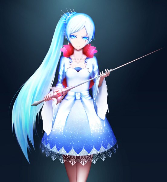 Anime picture 770x836 with rwby rooster teeth weiss schnee merula single long hair tall image fringe breasts blue eyes standing holding blue hair head tilt wide sleeves side ponytail scar girl dress earrings