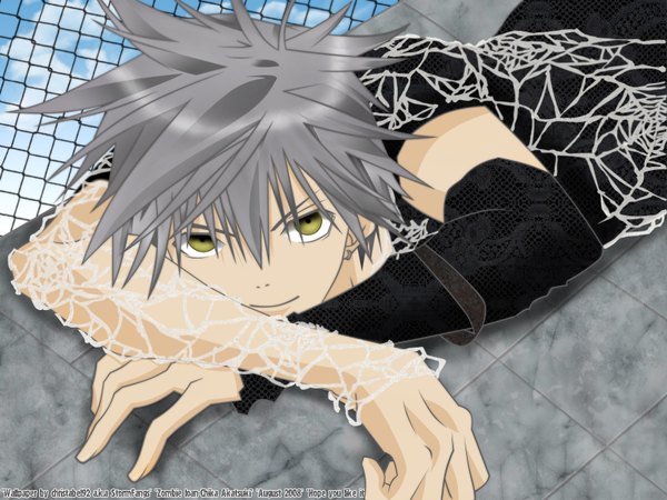 Anime picture 1600x1200 with zombie loan akatsuki chika green eyes grey hair grey background boy detached sleeves spider web