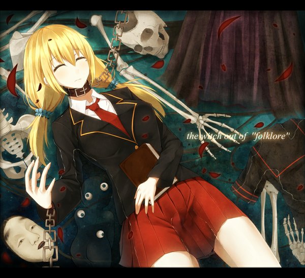 Anime picture 1000x913 with original karube karu single long hair blonde hair twintails lying eyes closed inscription low twintails skeleton eyes girl skirt petals water necktie chain mask collar