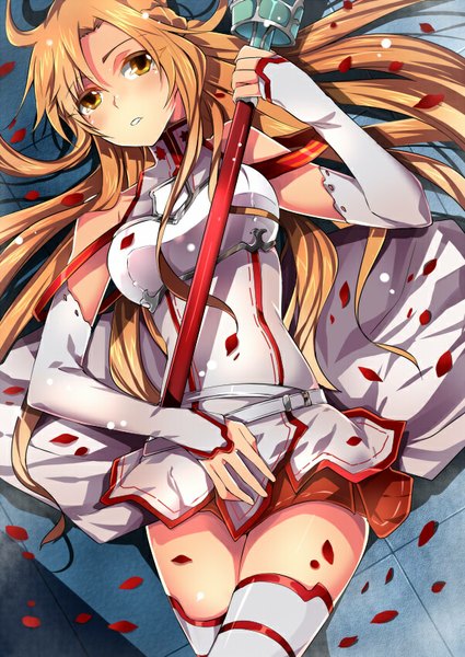 Anime picture 600x847 with sword art online a-1 pictures yuuki asuna akishima kei single long hair tall image looking at viewer blush blonde hair yellow eyes lying from above girl thighhighs weapon detached sleeves petals sword