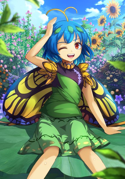 Anime picture 1956x2816 with touhou eternity larva azumi (madogiwa bocchi seki) single tall image looking at viewer highres short hair open mouth red eyes sitting blue hair sky cloud (clouds) one eye closed arm up depth of field sleeveless insect wings butterfly wings