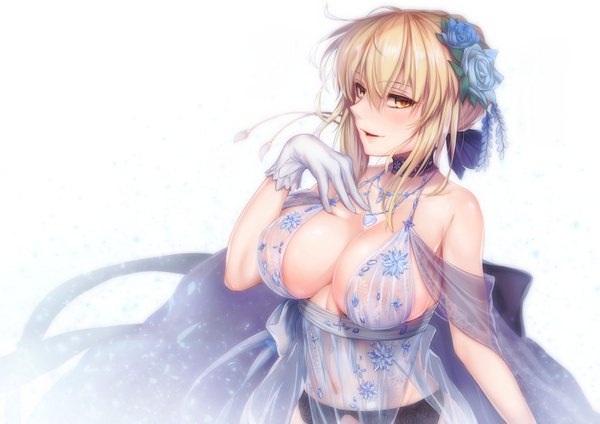 Anime picture 3492x2469 with fate (series) fate/grand order artoria pendragon (all) artoria pendragon (lancer alter) hirasawa seiji single looking at viewer blush fringe highres short hair breasts open mouth light erotic simple background blonde hair hair between eyes large breasts standing white background