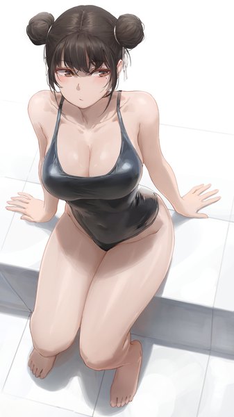 Anime picture 2261x4021 with original free style (yohan1754) single tall image blush fringe highres short hair breasts light erotic hair between eyes brown hair large breasts sitting brown eyes looking away full body barefoot from above mole