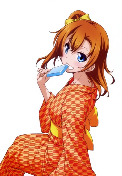 Anime picture 2133x3072 with love live! school idol project sunrise (studio) love live! kousaka honoka inou shin single long hair tall image looking at viewer highres blue eyes simple background white background traditional clothes japanese clothes scan orange hair one side up yagasuri girl