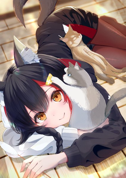 Anime picture 2480x3508 with virtual youtuber hololive ookami mio ookami mio (3rd costume) hihi (oekakihix) single long hair tall image looking at viewer fringe highres black hair smile hair between eyes animal ears tail lying animal tail orange eyes official alternate costume