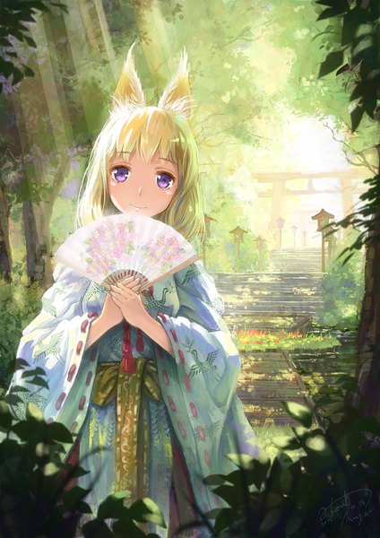 Anime picture 778x1100 with original miyai haruki single tall image looking at viewer short hair blonde hair smile standing purple eyes holding animal ears outdoors traditional clothes japanese clothes sunlight wide sleeves fox ears sunbeam girl