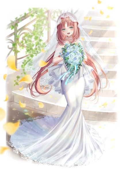 Anime picture 2480x3507 with genshin impact nilou (genshin impact) azaka (rionrita) single long hair tall image looking at viewer fringe highres open mouth standing green eyes full body red hair :d sunlight alternate costume girl dress flower (flowers)