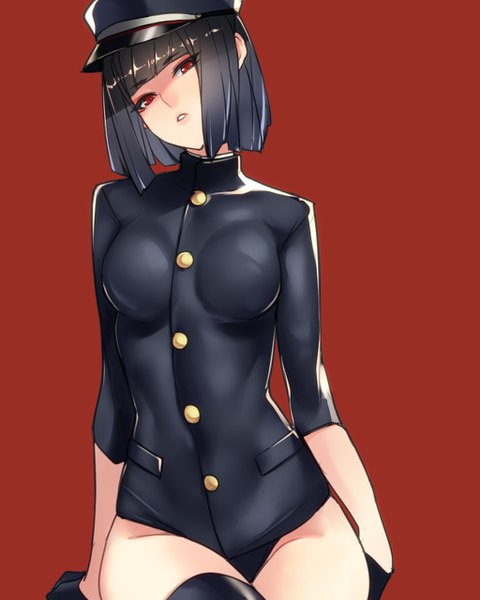 Anime picture 1024x1280 with kantai collection akitsumaru dock landing ship ban! (bansankan) single tall image looking at viewer fringe short hair breasts light erotic red eyes large breasts sitting parted lips head tilt lips red background bob cut girl peaked cap