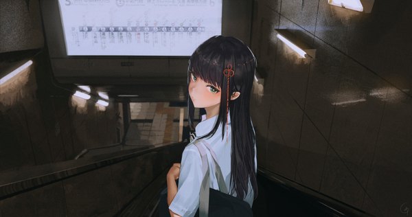 Anime picture 4745x2500 with persona 5 persona tougou hifumi tifg39 single long hair looking at viewer blush fringe highres black hair wide image standing green eyes signed payot absurdres blunt bangs looking back light smile