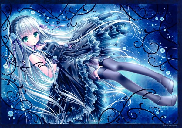 Anime picture 4910x3480 with tinker bell single long hair highres blue eyes absurdres white hair scan loli girl thighhighs dress gloves black thighhighs frills headdress