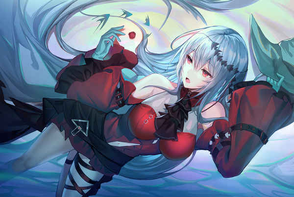 Anime picture 2000x1341 with arknights skadi (arknights) skadi the corrupting heart (arknights) kernel killer single fringe highres open mouth hair between eyes red eyes looking away silver hair very long hair turning head official alternate costume hat removed headwear removed girl gloves detached sleeves