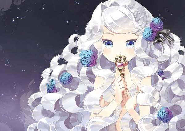 Anime picture 1001x708 with original seal (pukozin) single long hair looking at viewer blush blue eyes light erotic simple background silver hair hair flower wallpaper wavy hair girl hair ornament blue rose key