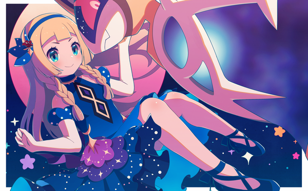 Anime picture 4093x2540 with pokemon pokemon (game) pokemon masters ex nintendo lillie (pokemon) lunala serihara single long hair looking at viewer blush fringe highres blue eyes blonde hair wide image bare shoulders payot absurdres full body