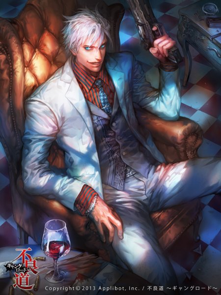 Anime picture 930x1240 with original yilee single tall image fringe short hair open mouth blue eyes sitting signed looking away white hair inscription hieroglyph boy weapon necktie bracelet gun blood