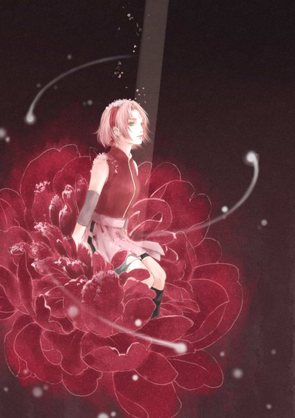 Anime picture 826x1169 with naruto studio pierrot naruto (series) haruno sakura juni gen single tall image short hair sitting green eyes pink hair bent knee (knees) sunlight sleeveless dark background pale skin girl flower (flowers) bandana forehead protector