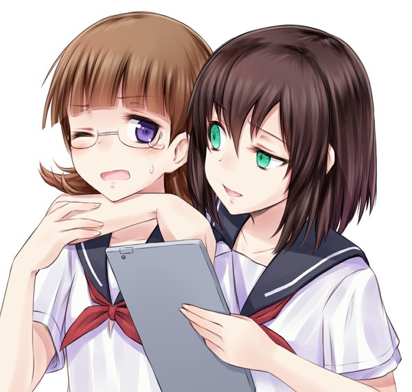 Anime picture 1000x950 with saki onjouji toki funakubo hiroko suzushiro yukari short hair open mouth black hair simple background brown hair white background purple eyes multiple girls green eyes one eye closed wink girl 2 girls glasses serafuku