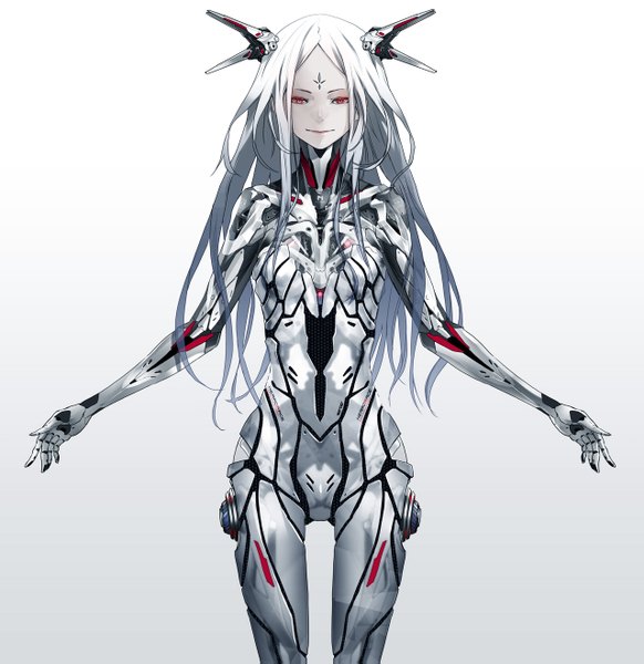 Anime picture 1280x1319 with beatless redjuice single long hair tall image looking at viewer simple background red eyes white hair light smile spread arms girl android