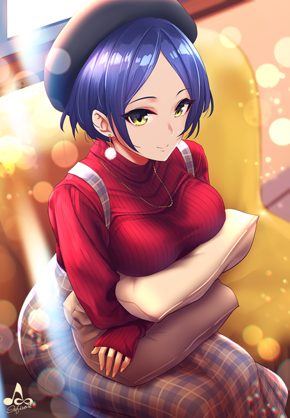 Anime picture 1500x2160 with idolmaster idolmaster cinderella girls idolmaster cinderella girls starlight stage hayami kanade infinote single tall image looking at viewer fringe short hair breasts sitting blue hair bent knee (knees) indoors nail polish light smile sunlight lens flare watermark