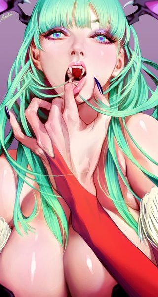 Anime picture 1200x2247 with vampire / darkstalkers (game) capcom morrigan aensland rukiana single long hair tall image fringe breasts open mouth blue eyes light erotic large breasts bare shoulders signed aqua hair teeth fang (fangs) finger to mouth demon girl