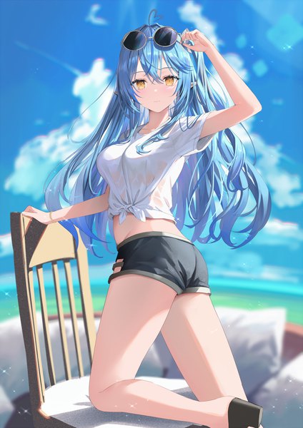 Anime picture 1520x2149 with virtual youtuber hololive yukihana lamy rin yuu single long hair tall image looking at viewer fringe breasts hair between eyes standing yellow eyes blue hair sky cloud (clouds) ahoge outdoors arm up light smile
