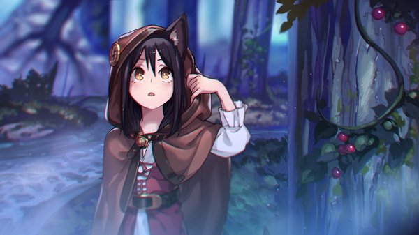 Anime-Bild 1920x1080 mit original sachimaa single long hair blush fringe highres open mouth black hair wide image animal ears yellow eyes looking away upper body fox ears fox girl looking up anaglyph fog adjusting clothes