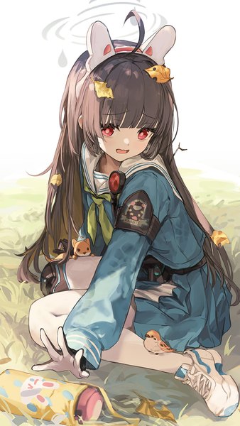 Anime picture 846x1500 with blue archive miyu (blue archive) makihitsuji single long hair tall image fringe open mouth black hair red eyes sitting animal ears ahoge outdoors blunt bangs wariza fake animal ears girl gloves uniform