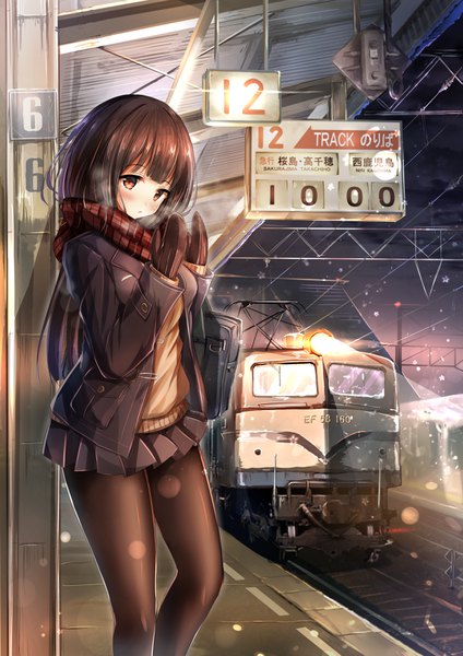 Anime picture 2479x3511 with original haguruma (hagurumali) single long hair tall image blush fringe highres brown hair brown eyes blunt bangs snowing winter exhalation waiting girl skirt miniskirt pantyhose black pantyhose