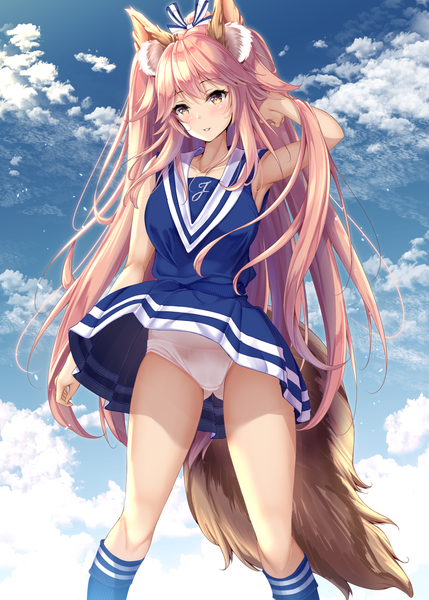 Anime picture 1423x1990 with fate (series) fate/grand order fate/extra tamamo (fate) (all) tamamo no mae (fate) fukuda shuushi single long hair tall image looking at viewer blush fringe breasts light erotic smile hair between eyes standing animal ears yellow eyes payot