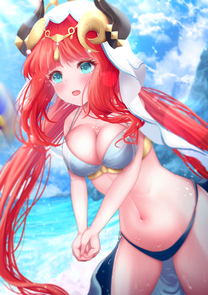 Anime picture 3541x5016 with genshin impact nilou (genshin impact) tobanko34 single long hair tall image blush fringe highres breasts light erotic large breasts standing twintails looking away absurdres sky cloud (clouds) outdoors red hair