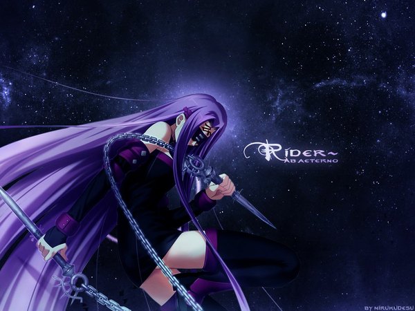 Anime picture 1024x768 with fate (series) fate/stay night studio deen type-moon rider single bare shoulders purple hair very long hair inscription tattoo girl weapon detached sleeves thigh boots chain mask