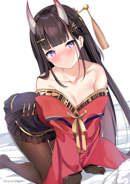 Anime picture 4630x6549 with azur lane noshiro (azur lane) noshiro (uncharted festival grounds?) (azur lane) kaetzchen single long hair tall image looking at viewer blush fringe highres light erotic black hair simple background white background purple eyes bare shoulders signed payot absurdres