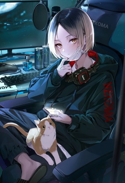 Anime picture 2802x4096 with haikyuu!! production i.g monster energy chanel kozume kenma eumi 114 single tall image looking at viewer highres short hair blonde hair sitting yellow eyes headphones around neck mask pull boy animal headphones hood