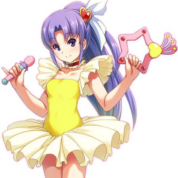 Anime picture 1500x1500 with precure happinesscharge precure! mahou no tenshi creamy mami toei animation hikawa iona cure fortune sayousuke single long hair looking at viewer simple background smile white background purple eyes blue hair ponytail cosplay creamy mami (cosplay) girl dress