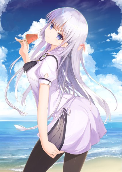 Anime picture 6071x8598 with summer pockets key (studio) naruse shiroha haku89 single long hair tall image looking at viewer blush fringe highres blue eyes smile hair between eyes standing holding absurdres sky silver hair cloud (clouds)