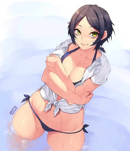 Anime picture 1312x1520 with idolmaster idolmaster cinderella girls hayami kanade jjune single tall image looking at viewer short hair breasts light erotic black hair signed yellow eyes cleavage light smile wet open shirt partially submerged crossed arms front-tie top