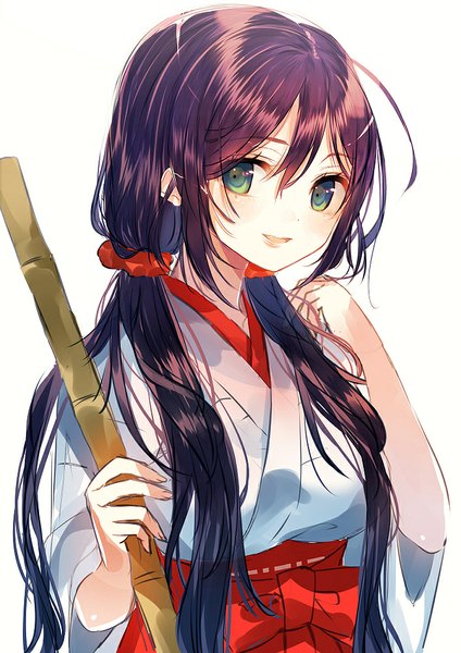 Anime picture 707x1000 with love live! school idol project sunrise (studio) love live! toujou nozomi yosuga ioru single long hair tall image looking at viewer blush open mouth simple background smile white background twintails green eyes purple hair ahoge traditional clothes japanese clothes