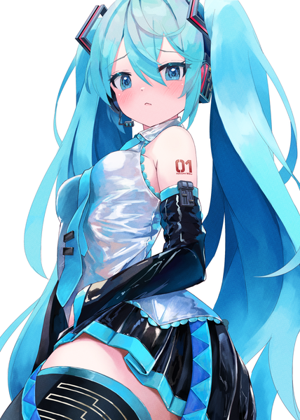 Anime-Bild 1000x1403 mit vocaloid hatsune miku takepon1123 single long hair tall image looking at viewer blush fringe light erotic simple background hair between eyes white background twintails aqua eyes aqua hair from below girl detached sleeves necktie