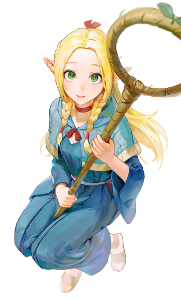 Anime picture 1707x2815 with dungeon meshi studio trigger marcille donato bao (840bao) single long hair tall image looking at viewer highres simple background blonde hair white background green eyes full body braid (braids) from above twin braids girl choker staff
