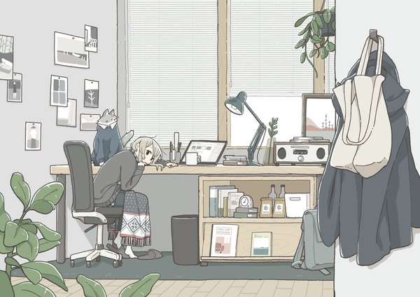 Anime picture 4096x2892 with original east sha2 single looking at viewer highres short hair sitting absurdres grey hair black eyes girl plant (plants) animal window cat bag chair clock lamp potted plant