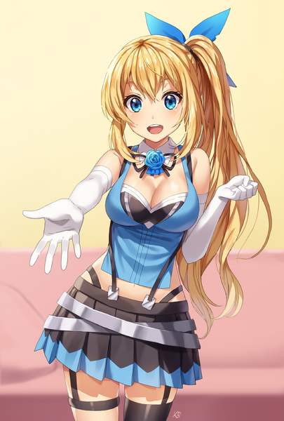 Anime picture 780x1154 with virtual youtuber mirai akari project mirai akari kim bae-eo single long hair tall image looking at viewer blush fringe breasts open mouth blue eyes blonde hair hair between eyes bare shoulders signed cleavage ponytail :d