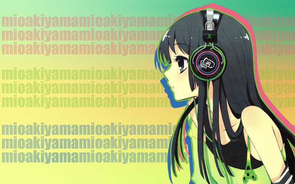 Anime picture 1280x800 with k-on! kyoto animation akiyama mio itou noiji single long hair fringe highres black hair wide image bare shoulders looking away upper body profile off shoulder character names girl detached sleeves headphones